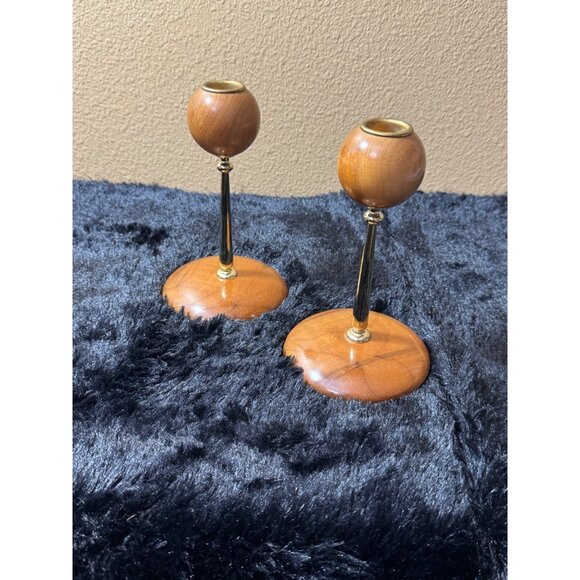Myrtle Wood & Brass Candlestick Holders Set Of 2 Stands 6.5" Tall MCM - Picture 1 of 7